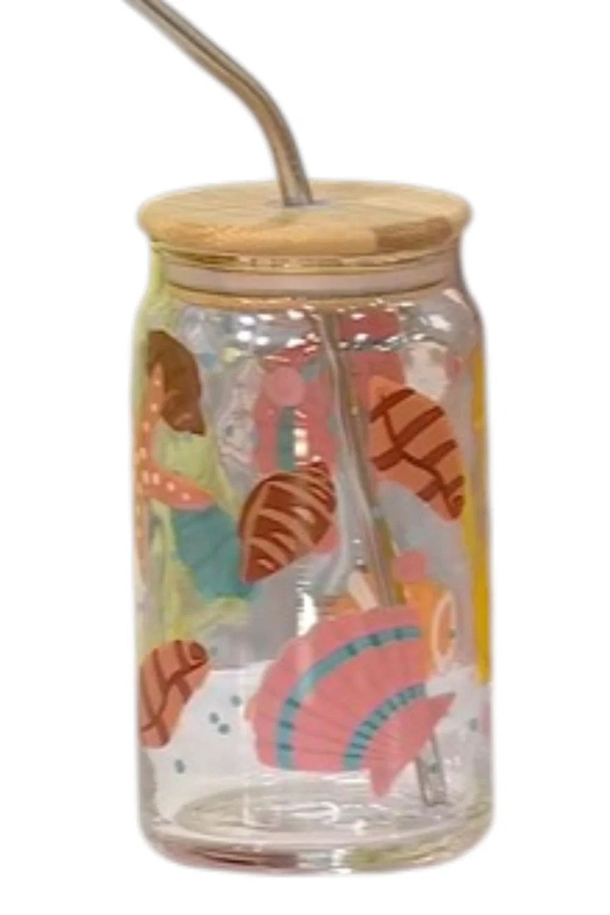 Temp-tations 4-pack Set Glass Tumblers with Wood Lids & Straws Shells